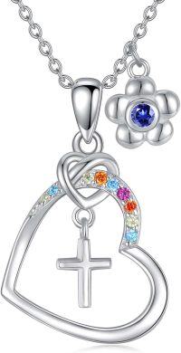 wholesale Gold Cubic Zirconia Cross Necklace Birthstone Jewelry for Women Baptism Communion Confirmation Gifts-09-sapphire-Sept