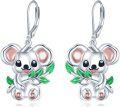 wholesale 925 Sterling Silver Cute Koala Bear Drop Earrings with Green Leaves for Women-0-0