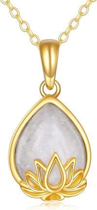 wholesale 14K Gold White Rainbow Moonstone Lotus Flower Teardrop Pendant Necklace-Lotus