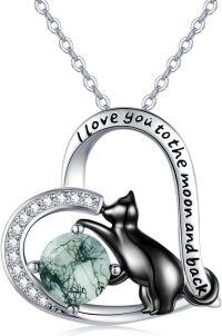 wholesale 925 Sterling Silver Heart-Shaped Green Stone Cat Pendant Necklaces - I Love You to the Moon and Back  for Her-A04 - Heart Black Cat (Moss Agate)