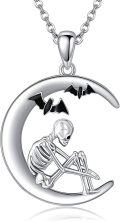 wholesale 925 Sterling Silver Crescent Moon with Bat and Alien Skull Pendant Necklace Gothic Halloween Jewelry for Women Girls-0-0