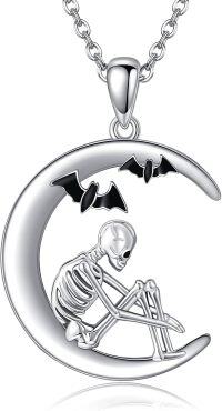 wholesale 925 Sterling Silver Crescent Moon with Bat and Alien Skull Pendant Necklace Gothic Halloween Jewelry for Women Girls-Skeleton Necklace