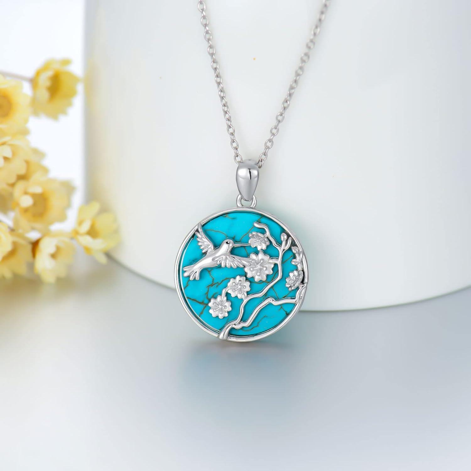 Sterling Silver Turquoise Diamond Hummingbird Pendant Necklace-0-3