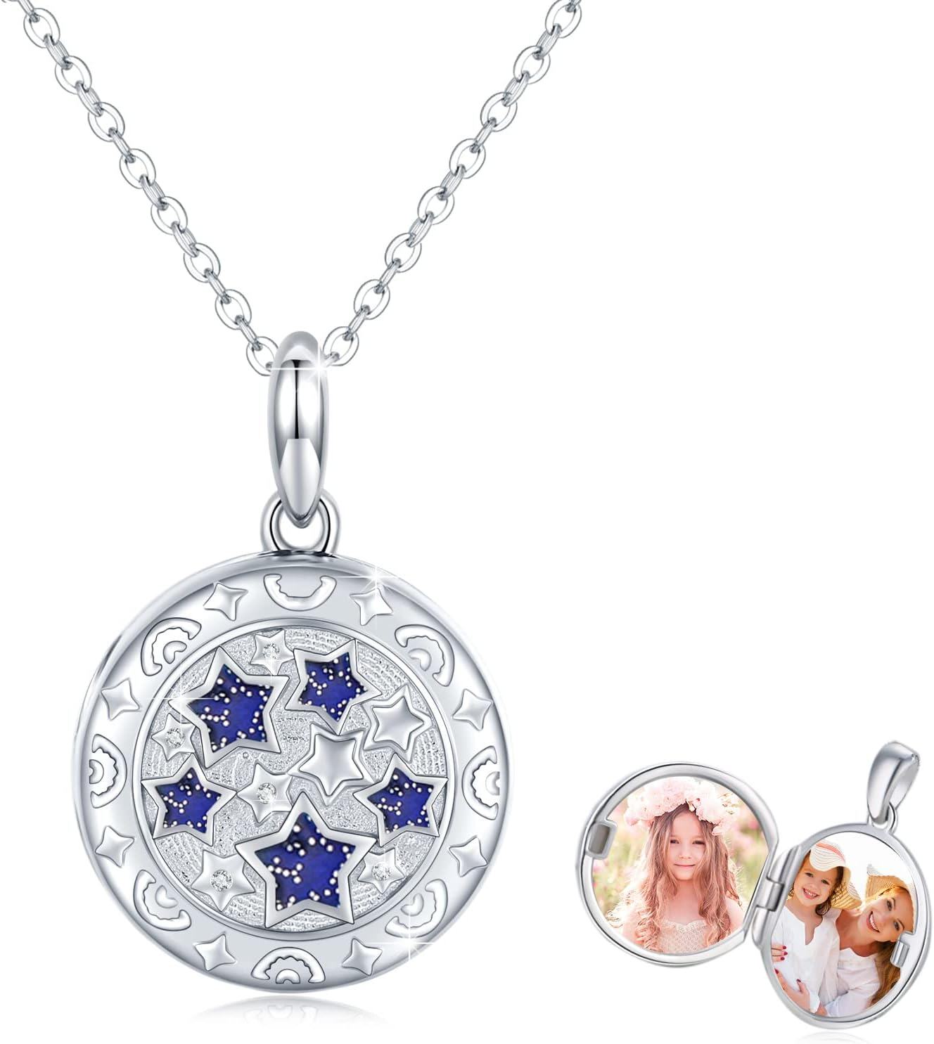 Sterling Silver Opal Star Locket Necklace for Women Picture Holder Jewelry Gift-B-Star Locket Necklace