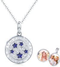 wholesale 925 Sterling Silver Round Blue Opal Photo Frame Pendant Necklaces for Women Gifts-B-Star Locket Necklace
