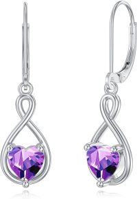 wholesale 925 Sterling Silver Birthstone Infinity Heart Dangle Drop Leverback Earrings for Women-February-Amethyst,