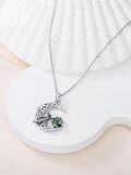wholesale 925 Sterling Silver Green Moss Agate Crescent Moon with Black Cat and Celtic Knotwork Pendant Necklace-0-4