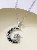 wholesale 925 Sterling Silver Black Enamel Wolf on Crescent Moon Pendant Necklace-0-2