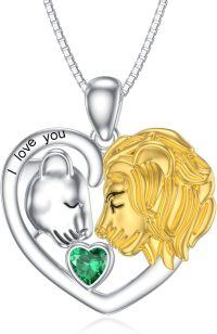 wholesale Silver Stone Lion Heart Necklace Lioness Lion Jewelry Gift for Women-May - Emerald