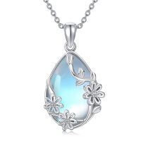 wholesale 925 Sterling Silver Blue Moonstone Flower Drop Pendant Necklace for Women Girls-Daisy