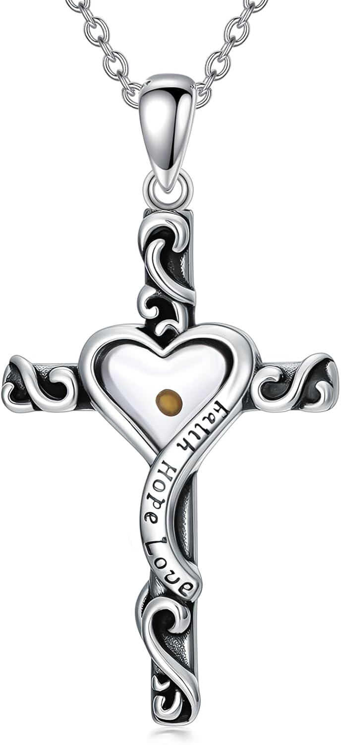 925 Sterling Silver Heart-Shaped Mustard Seed Cross Pendant Necklace with Faith Hope Love Inscription - Christian Faith  for Women and Moms-0-0