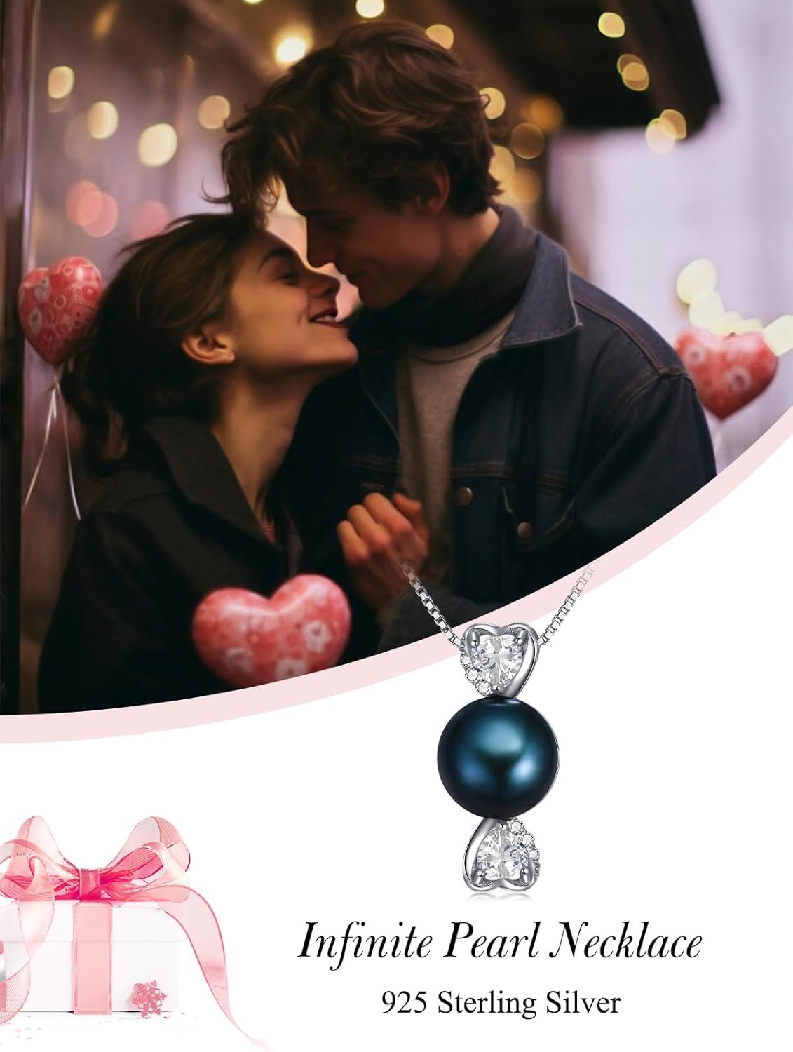 Silver 925 Sterling Silver with White Gold Plated and Black Pearl Heart Pendant Necklace for Women-0-3
