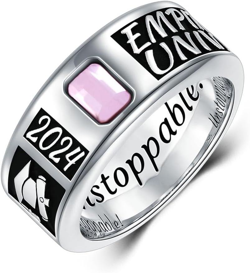 Sterling Silver Birthstone Men s High School Class Ring Customizable Graduation Jewelry Gift-White Gold-Black Groove # 3