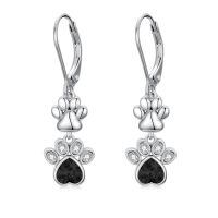 wholesale 925 Sterling Silver Paw Print Dangle Earrings Wholesale With Black And Clear Stones-Black