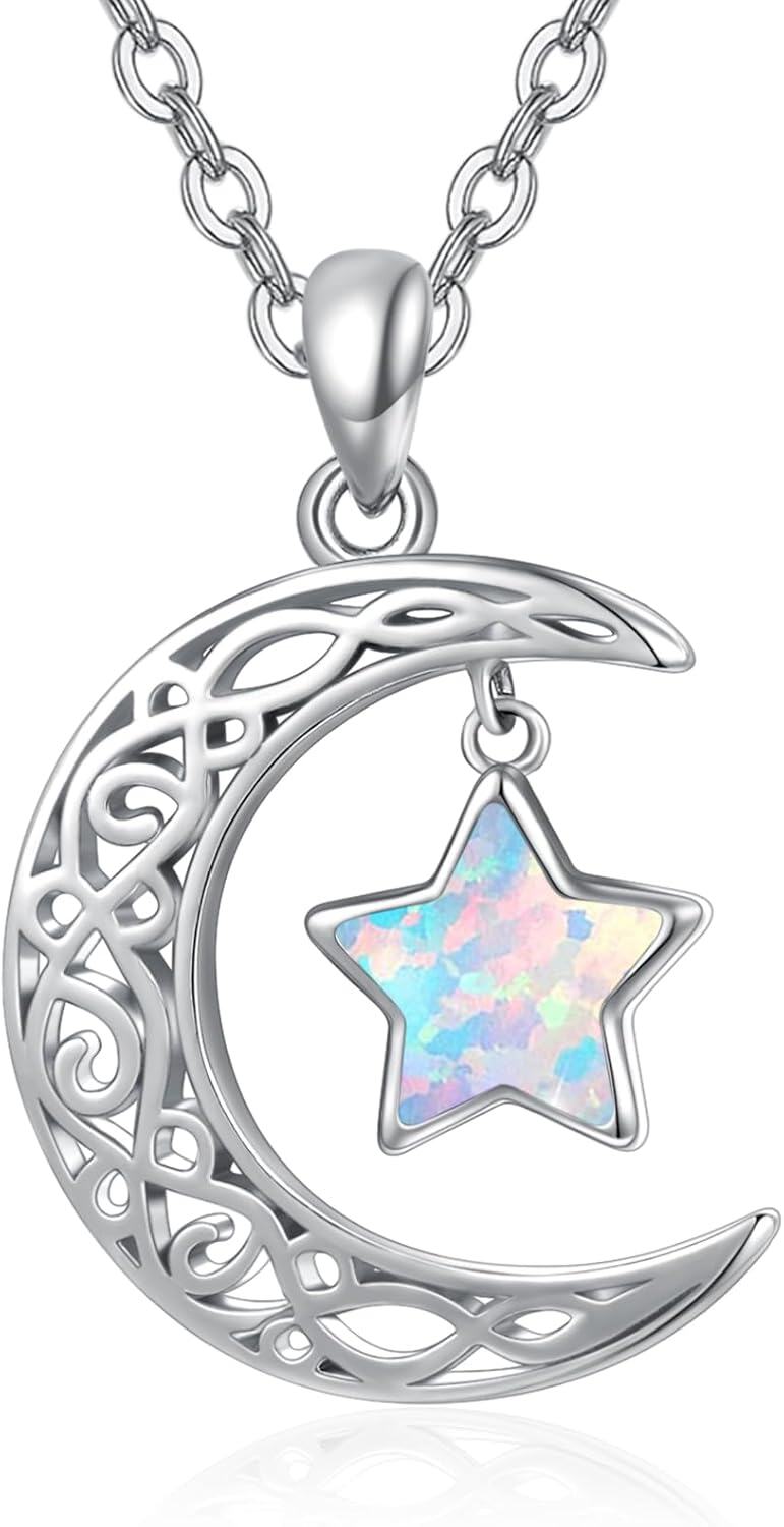 Sterling Silver Moon Star Necklace Celestial Pendant for Women-0-0