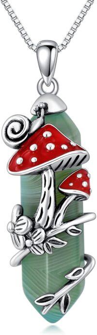 wholesale 925 Sterling Silver Green Agate Red Enamel Mushroom & Snail Pendant Necklace Gift for Her-Green