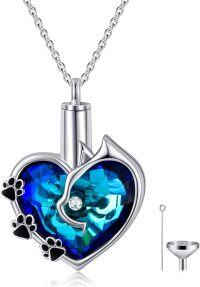 wholesale 925 Sterling Silver Austrian Blue Heart Crystal Paw Print Pet Cremation Jewelry Urn Pendant Necklace-Blue