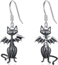 wholesale 925 Sterling Silver Black Cat Bat Skull Gothic Dangle Drop Earrings for Women-cat