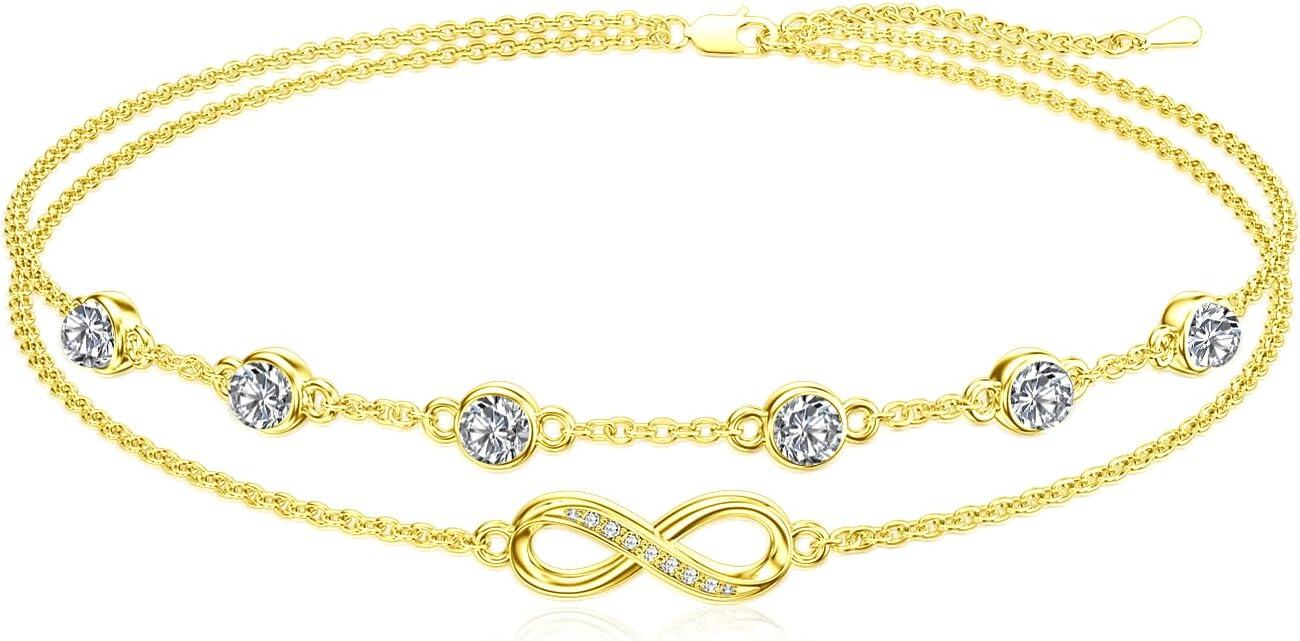 Sterling Silver Birthstone Women s Anklet Bracelets Infinity Butterfly Evil Eye Turtle Pineapple Starfish Heart-Bracelet 7"-9"-Infinity 04-White Topaz-Yellow Gold