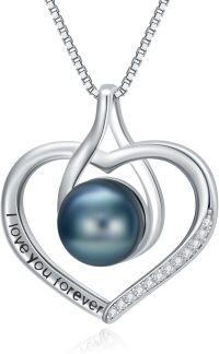 wholesale Silver 925 Sterling Silver White Gold Plated Blue Freshwater Pearl Heart Pendant Necklace with Cubic Zirconia Accents and I Love You Forever Engraving 45cm Chain Length-I Love You Forever