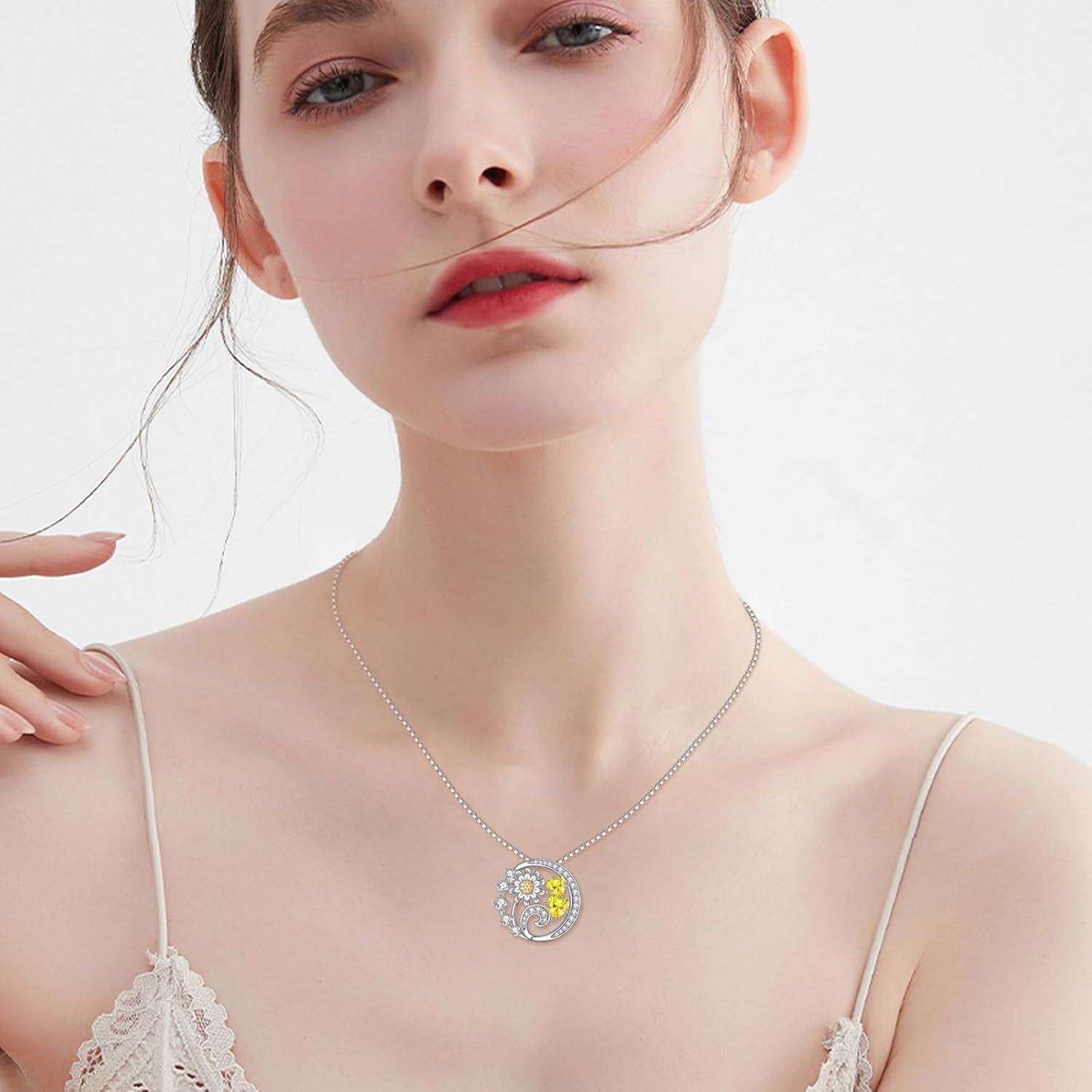 wholesale 925 Sterling Silver CZ Daisy & Yellow Heart Pendant Necklace for Women-0-1