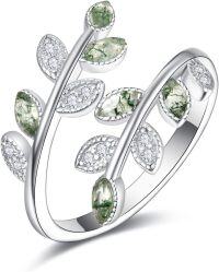 wholesale Sterling Silver Cubic Zirconia Dainty Leaf Rainbow Adjustable Open Ring-multi moss cubic zirconia ring