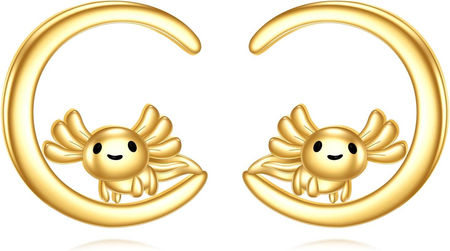 wholesale Gold 14K Moon Stud Earrings with Axolotl Design - Cute Animal Jewelry for Women-0-0