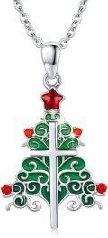wholesale 925 Sterling Silver Green Enamel Red Crystal Christmas Tree Pendant Necklace for Women and Girls-0-0