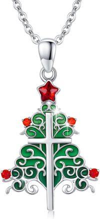 wholesale 925 Sterling Silver Green Enamel Red Crystal Christmas Tree Pendant Necklace for Women and Girls-Christmas Tree