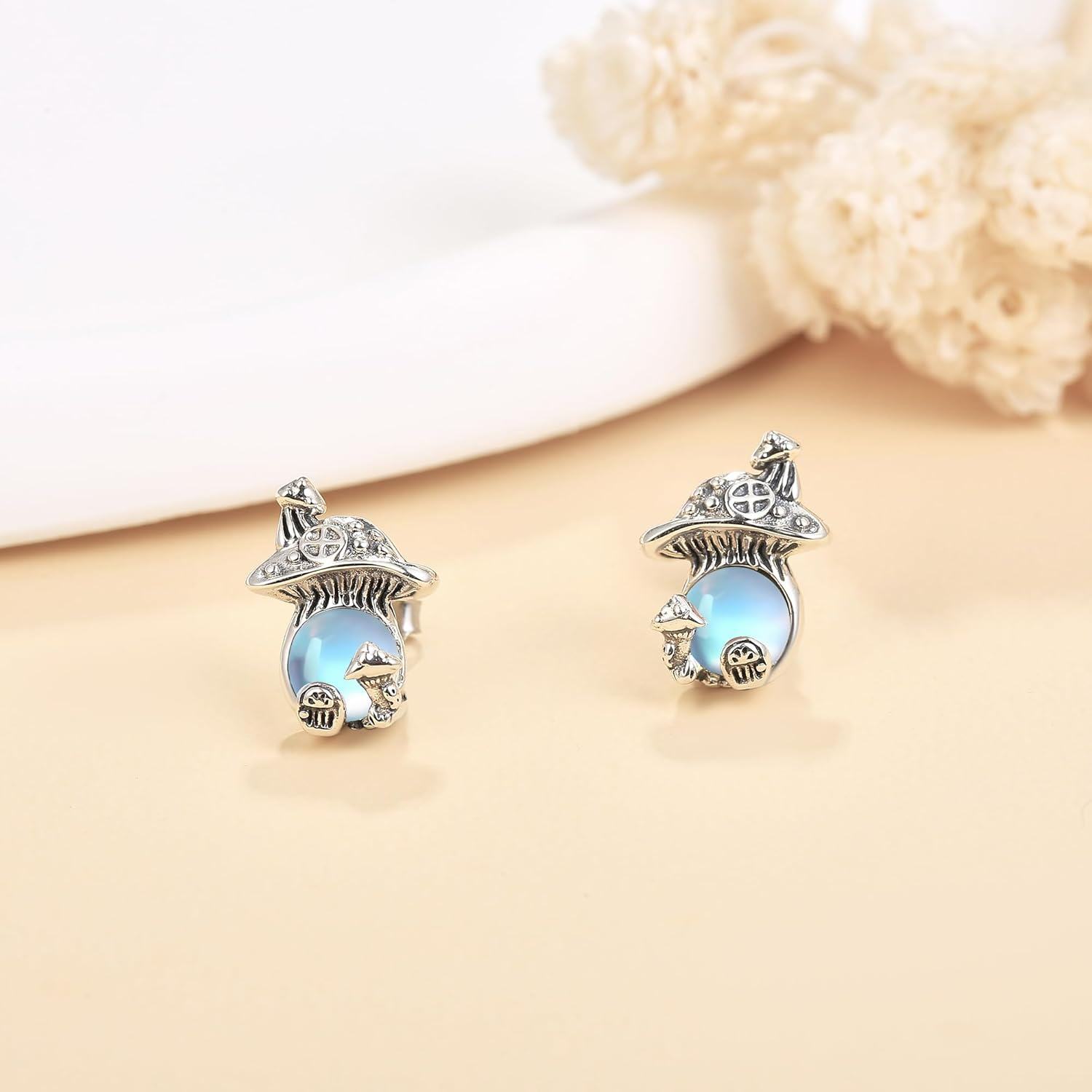  Silver Mushroom Stud Earrings with Moonstone Moss Agate Turquoise Mother s Day Gifts -0-4