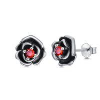 wholesale 925 Sterling Silver Black Rose Earrings With Red Center-red