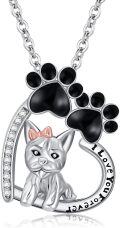 wholesale 925 Sterling Silver Cat Pendant with Paw Print and I Love You Forever Inscription - Cute Kitty Charm Necklace for Women Girls Gifts-0-0