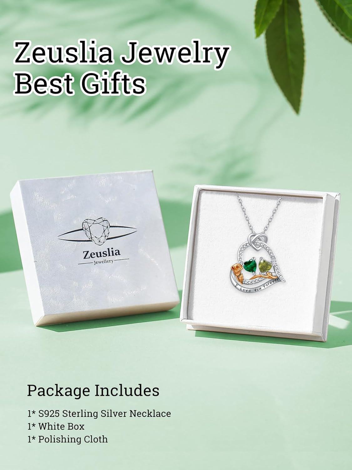  Sterling Silver 2 Birthstones Rose Heart Necklace for Women -0-4