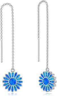 wholesale 925 Sterling Silver Blue Opal Flower Drop Dangle Threader Earrings Gift for Women Girls-5-Daisy