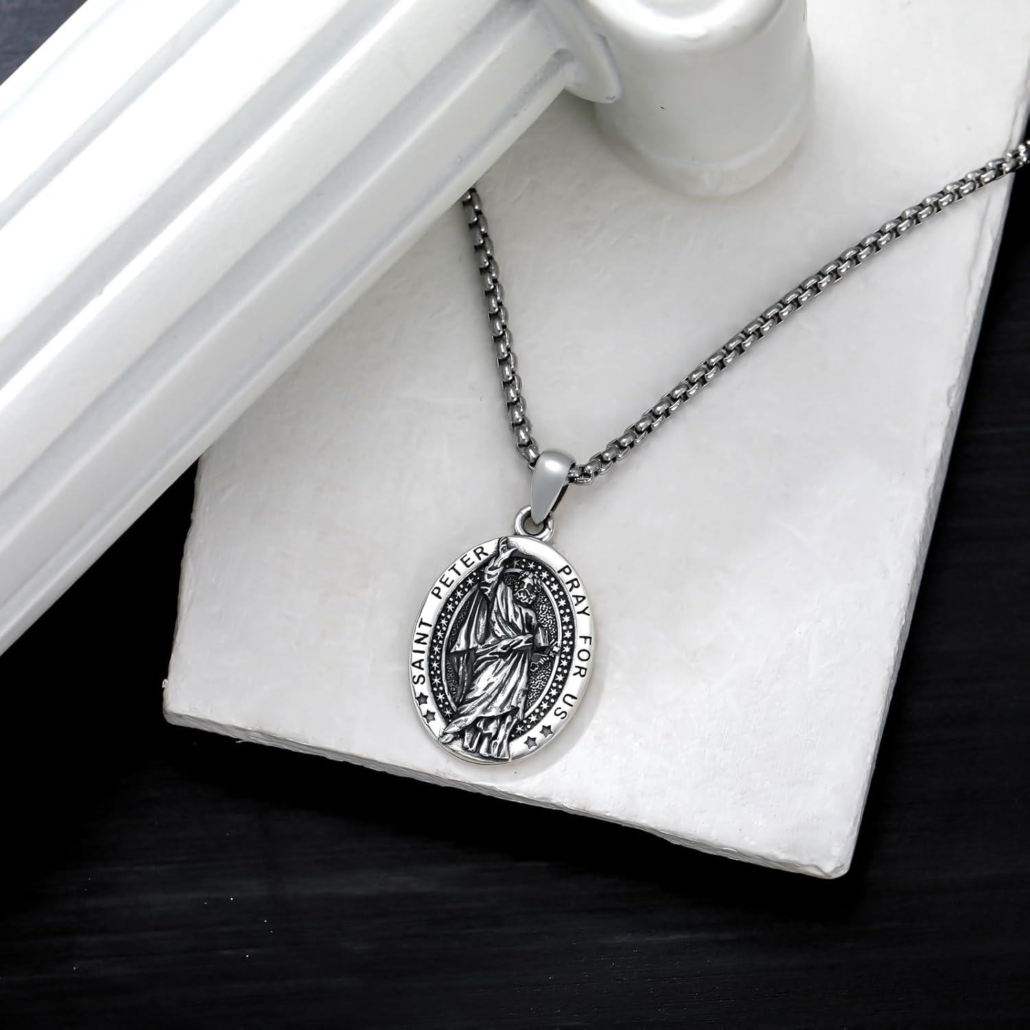 wholesale 925 Sterling Silver Saint Peter Pendant Prayer for Us Charm Chain Necklace  45cm Length with Stainless Steel Chain-0-3