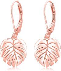 wholesale Rose Gold 925 Sterling Silver Monstera Leaf Palm Frond Dangle Earrings for Women Girls Fashion Jewelry-Rose Gold
