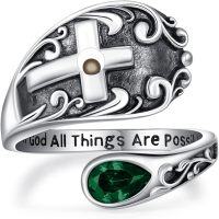 wholesale Sterling Silver with 12 Teardrop Birthstones Vintage Cross Spoon Ring With God All Things Possible Adjustable Faith Ring-May