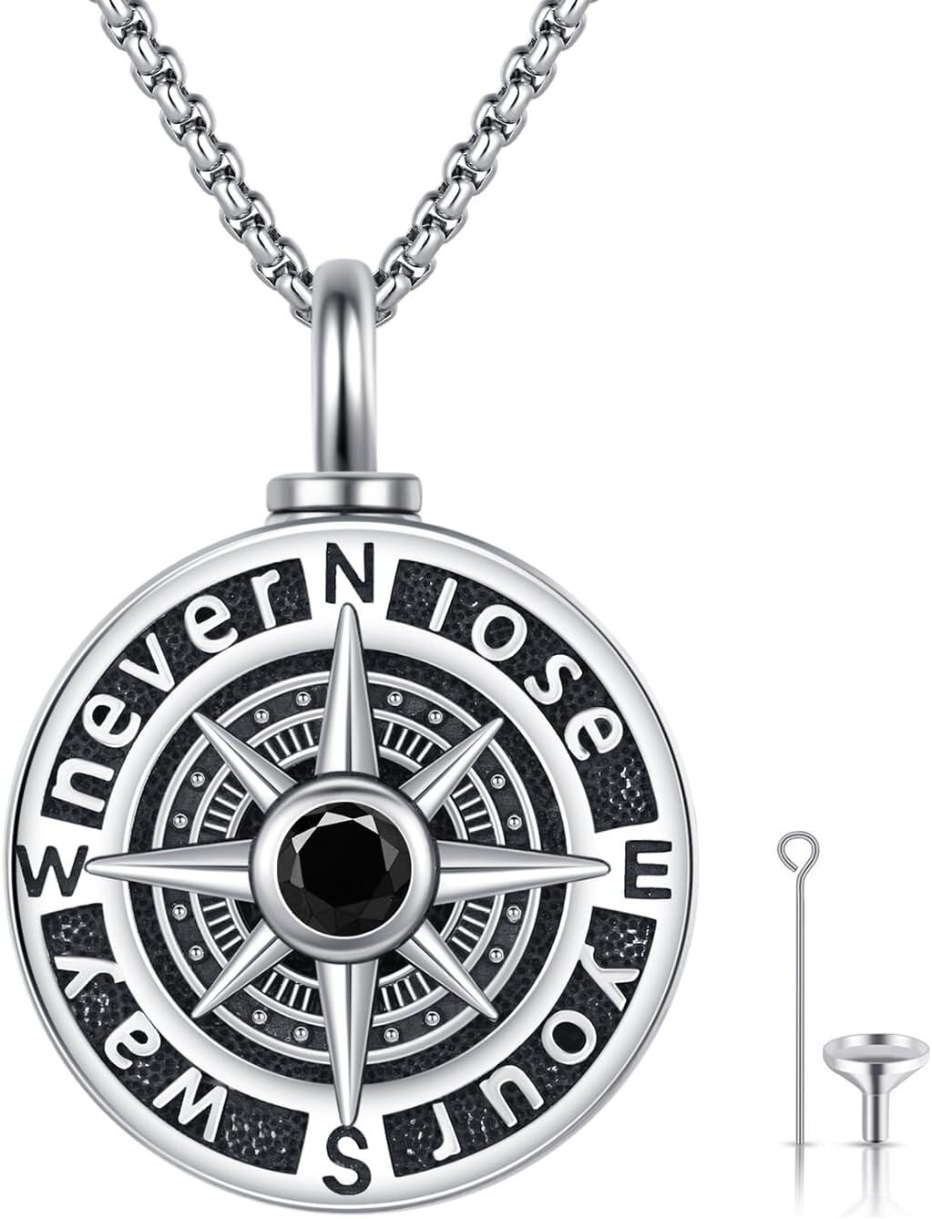 wholesale 925 Sterling Silver Compass Pendant Necklace with Stainless Steel Chain with Black Stone and Chain - Graduation Gift for Him & Her-0-0