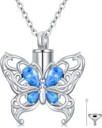 wholesale 925 Sterling Silver Butterfly Cremation Necklace for Ashes with Blue Crystals Women's Memorial Keepsake Jewelry Bereavement Gift-A12-Butterfly-December