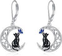 wholesale 925 Sterling Silver Black Cat & Blue Butterfly on Crescent Moon Drop Earrings for Women Gifts-Cat Crescent