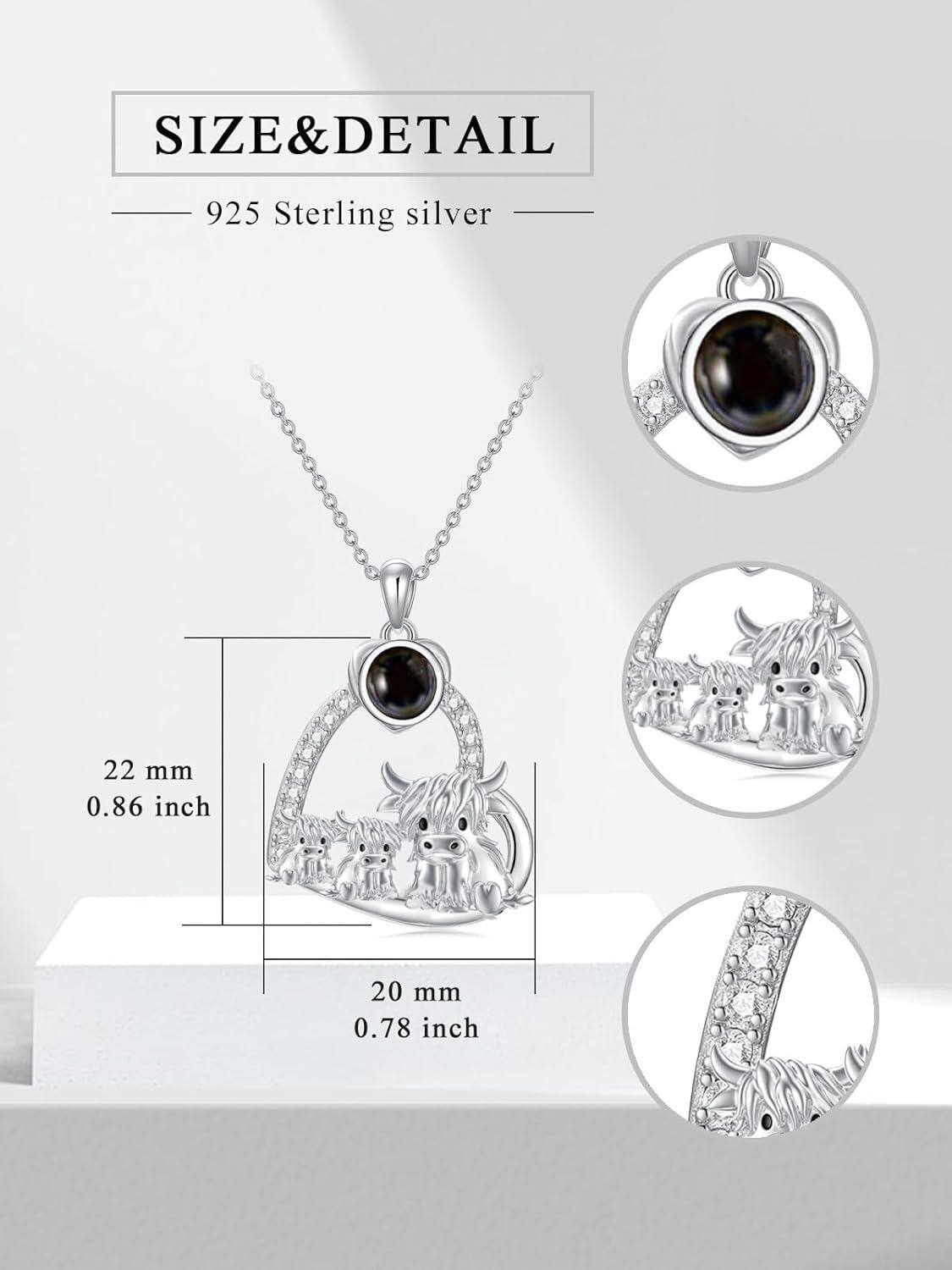 wholesale 925 Sterling Silver Black Agate Highland Cow Family Heart Necklace Scottish s for Women Girls-0-1