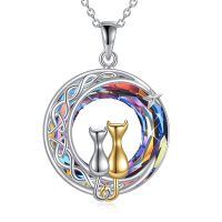 wholesale 925 Sterling Silver Abalone Shell Moon Pendant with Cats and Tree of Life Design for Cat Lovers-Two Cat Moon Volcano Crystal