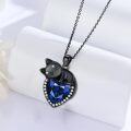 wholesale 925 Sterling Silver Blue Crystal Heart with Black Cat Charm Pendant Necklace for Women-0-5