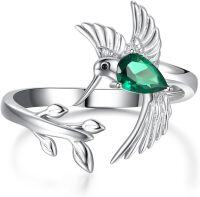 wholesale 925 Sterling Silver Birthstone Hummingbird Leaf Ring Adjustable Jewelry Gift-05-May-Emerald