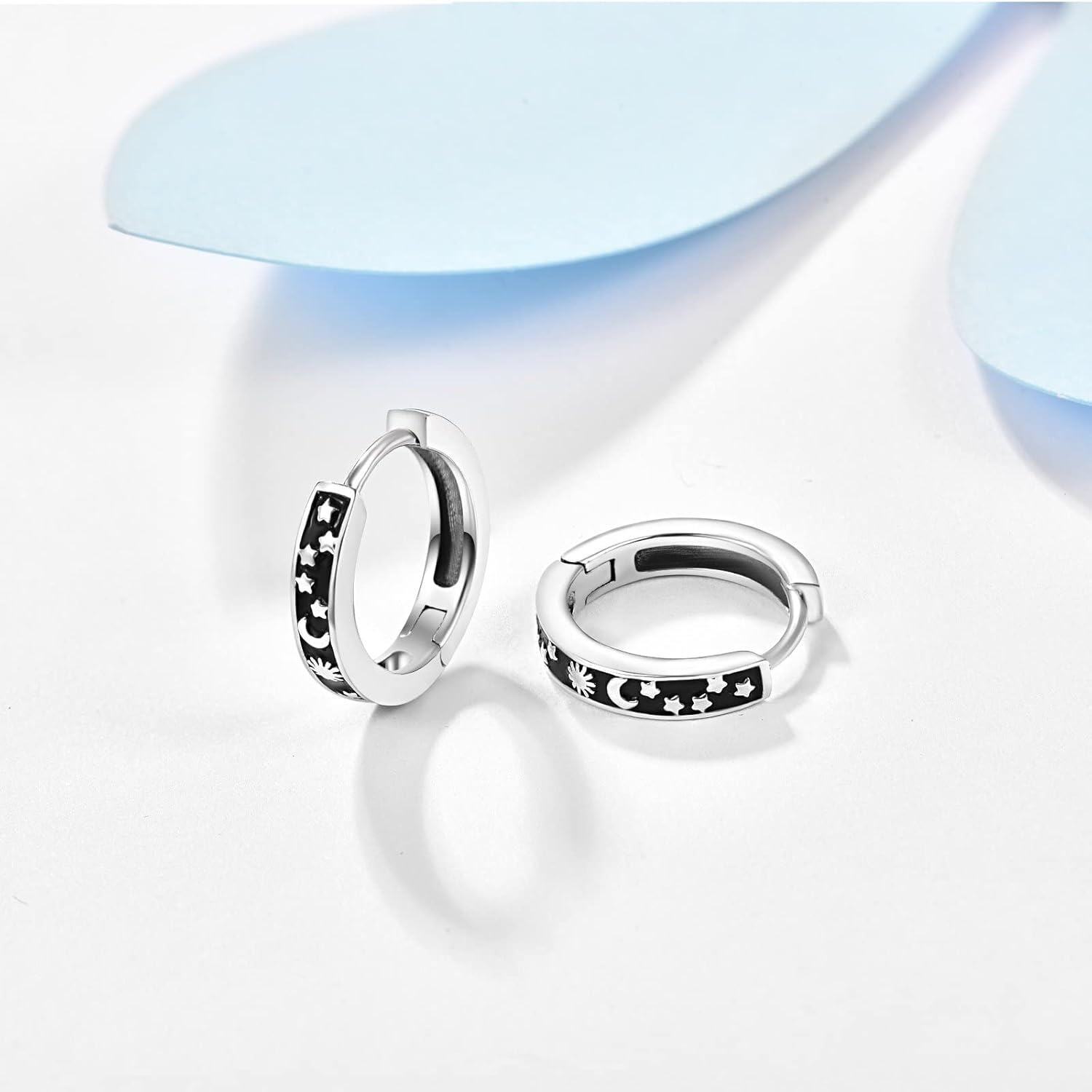 Sterling Silver Celestial Star Moon Earrings for Men Women Small Hoop Huggie Jewelry-0-5