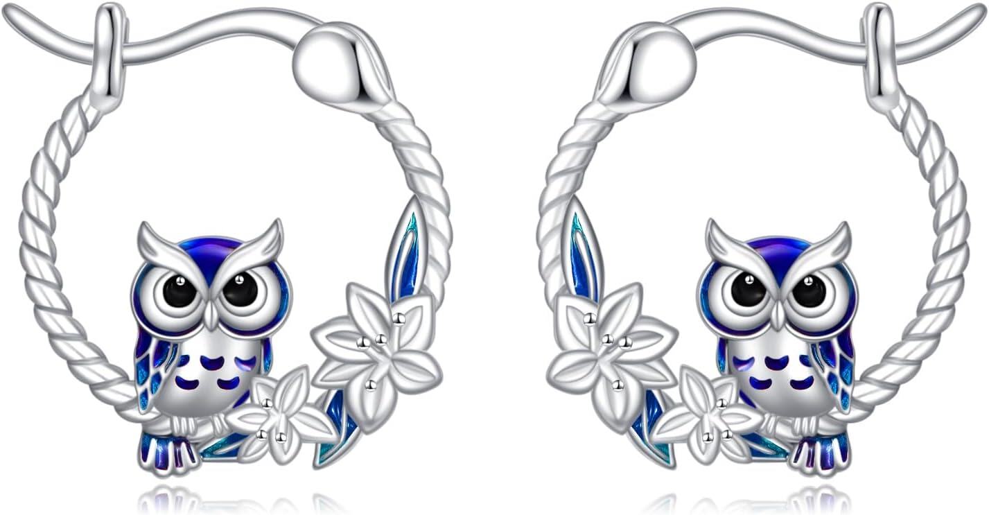 wholesale 925 Sterling Silver Owl Dangle Drop Earrings with Blue Enamel and Flower Accents for Women Girls  4cm Long-0-0