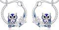 wholesale 925 Sterling Silver Owl Dangle Drop Earrings with Blue Enamel and Flower Accents for Women Girls  4cm Long-0-0