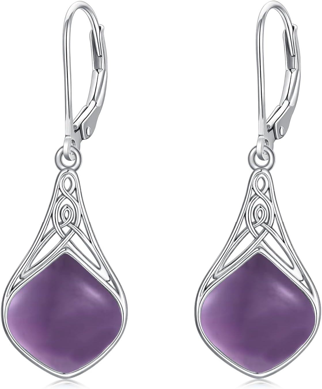 925 Sterling Silver Purple Agate Celtic Teardrop Dangle Earrings  for Women-0-0