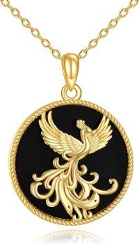 wholesale 925 Sterling Silver Gold Plated Round Black Onyx Phoenix Pendant Necklace-phoenix necklace