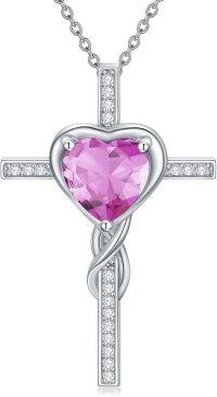 wholesale TOUPOP Pink Tourmaline Cross Necklace For Women Sterling Silver October Birthstone Cross Pendant Necklace Heart Cross Christian Jewelry Birthday Christmas Gifts For Women Her -undefined